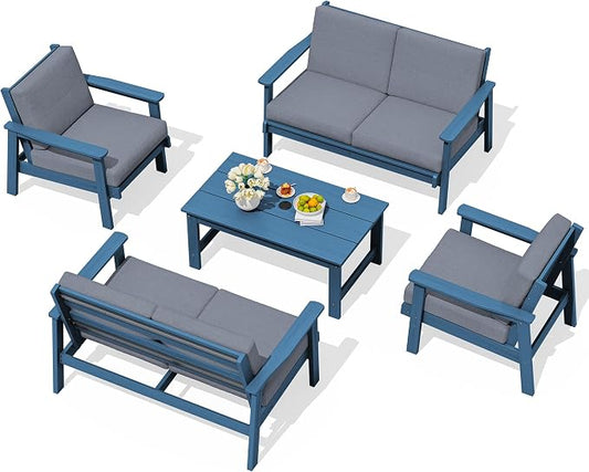 SERWALL HDPE Patio Furniture Set, 5 Piece All Weather Wood-Like Sectional Outdoor Furniture Set, Blue Patio Sofa Couch with Grey Cushions for Deck, Lawn