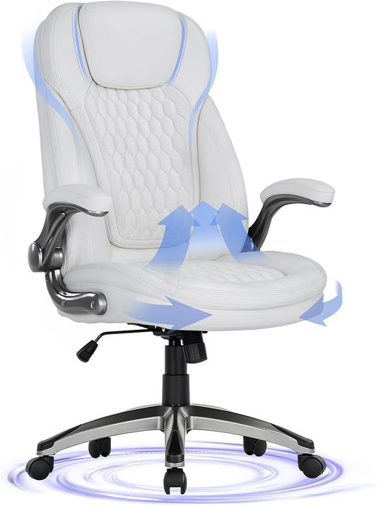 COLAMY Executive Office Chair-Ergonomic Computer Desk Chair, High Back Leather Chair with Padded Flip-up Arms, Swivel Home Office Chair Upgraded Caster, White