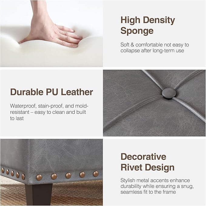 FiveWillowise Square Leather Ottoman with Storage, Faux Leather Coffee Table with Lift Top,Large Upholstered Footrest Stool Toy Box Storage Bench for Bedroom Living Room, Grey