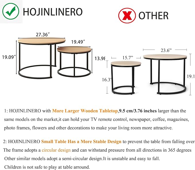 HOJINLINERO Round Coffee Table,Nesting Coffee Table Set of 2,Center Tables for Living Room,Office, Home Small Space,Stacking Side Tables,Sturdy and Easy Assembly,Wood Desktop,Black+Teak OAKDK,Large