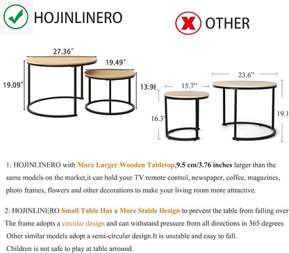 HOJINLINERO Round Coffee Table,Nesting Coffee Table Set of 2,Center Tables for Living Room,Office, Home Small Space,Stacking Side Tables,Sturdy and Easy Assembly,Wood Desktop,Black+Teak OAKDK,Large