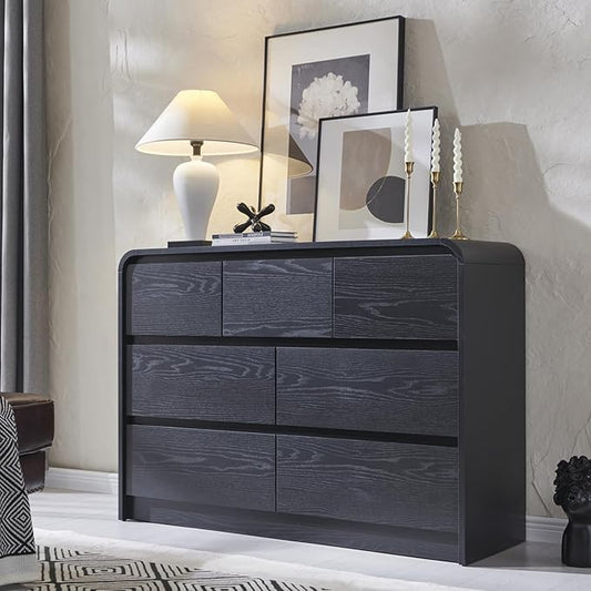 Aitjunz Modern 7 Drawers Dresser for Bedroom, 47" Wide Wood Dressers & Chests of Drawers w/Curved Profile Design, Mid Century Modern Dresser w/Natural Texture for Bedroom, Living Room, Black