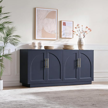 Fatmok 59" Sideboard Buffet Cabinet & TV Stand Set of 2, Modern Arched Credenza with Adjustable Shelves and Long Metal Handles, Wood Console Coffee Bar Storage for Living Room, Blue