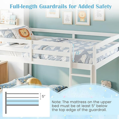 Giantex Full Over Full Bunk Bed, Solid Wood Kids Bunk Bed with Full-Length Guardrails, Integrated Ladder & Anti-Tippling Kits, Low Bunk Beds for Kids, No Box Spring Needed, White