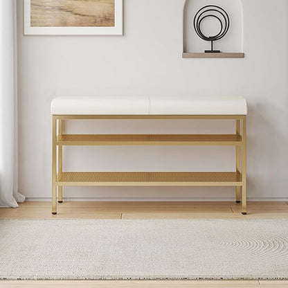 EFLAL White Gold Metal Shoe Storage Bench, Multi-Layer Capacity, Soft Seat Cushion, Open Design