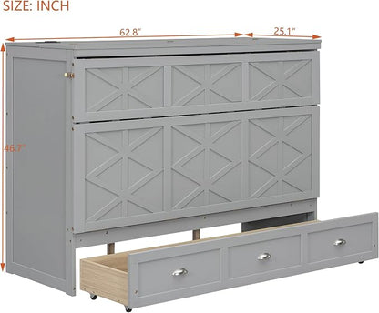 Bellemave Queen Size Murphy Bed, Cabinet Bed with Charging Station and Storage, Farmhouse Murphy Cabinet with Foldable Panel, for Bedroom,Office, Brushed Gray