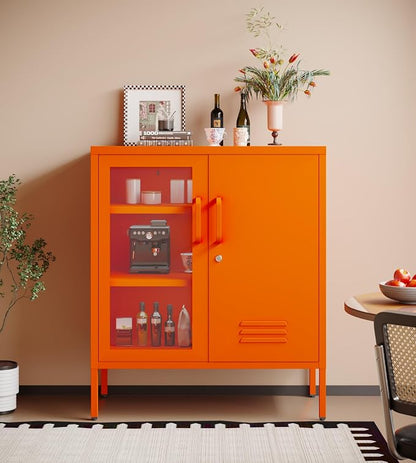 Storage Cabinet with Adjustable Shelves for Bathroom Living Room Foyer Kitchen Left Glass Door and Right Iron Door Orange Size：33" H x 29.5" W x 13.8" D