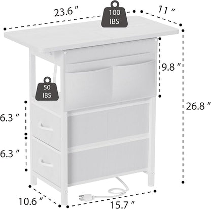 Yenlure Small Side Table with Charging Station, Narrow Nightstand Bedside Tables with Storage Pocket for Living Room Bedroom, Sofa End Table with USB Ports and Power Outlets for Small Spaces