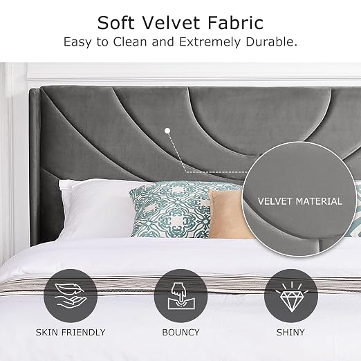 VECELO Upholstered Platform Full Bed Frame with Fabric Headboard,Wooden Slats Support/No Box Spring Needed/Mattress Foundation,Dark Grey