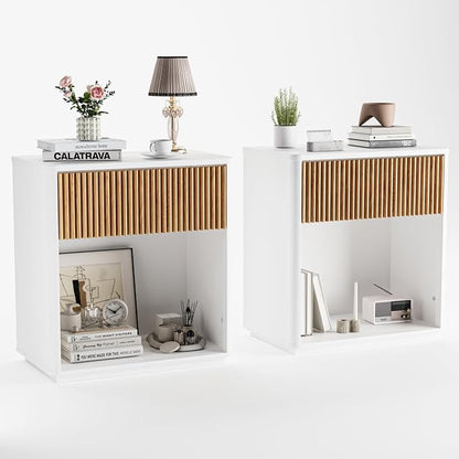 Modern Fluted Nightstand Set of 2 for Bedroom, Mid Century Bedside Table with Drawer & Open Shelf, Wood End Table, Farmhouse Night Stand for Home, Hallway, Office, White