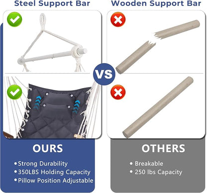 Hammock Chair Hanging Swing with Wooden Armrest;Steel Spreader Bar,Pillows,Hardware kit Included;Cotton Woven Fabric;Up to 350 Lbs,for Indoor or Outdoor