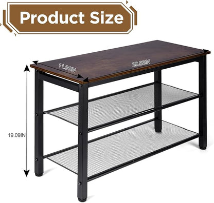3-Tier Shoe Rack Bench, Hardwood & Alloy Steal Entryway Storage Organizer for Front Door Entrance, Bedroom, Living Room, 300lb Capacity (3-Tier Shoe Bench (Metal Mesh))