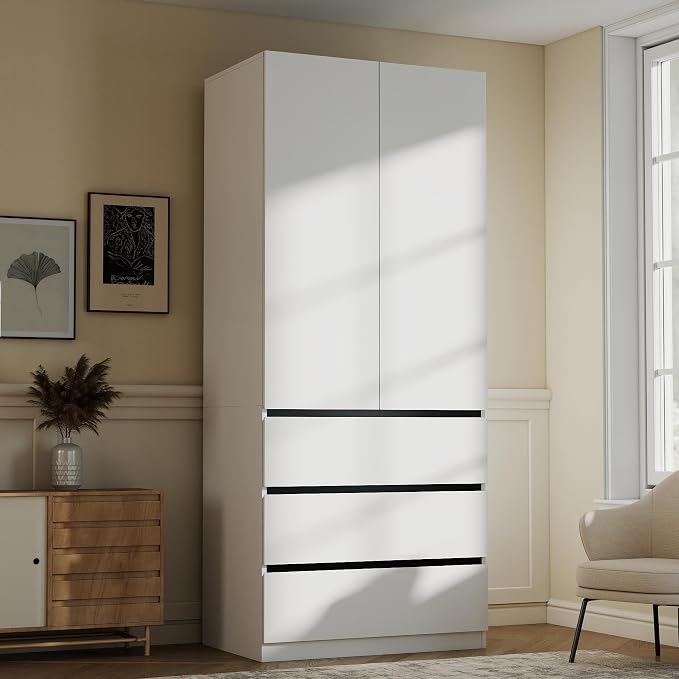 Vrmuxita White Armoire Wardrobe Closet: 75" Large Wardrobe Closet with 6 Doors, Modern Bedroom Armoires with 9 Drawers, Tall Wood Closets for Hanging Clothes