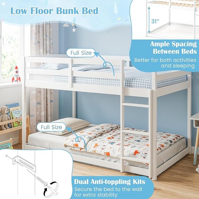 Giantex Full Over Full Bunk Bed, Solid Wood Kids Bunk Bed with Full-Length Guardrails, Integrated Ladder & Anti-Tippling Kits, Low Bunk Beds for Kids, No Box Spring Needed, White