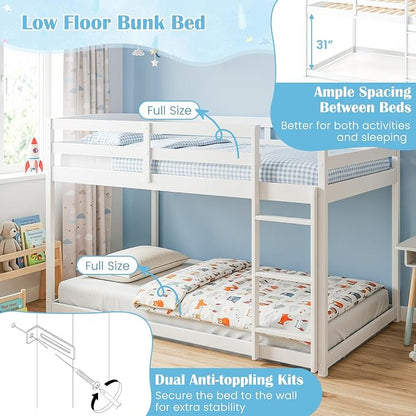 Giantex Full Over Full Bunk Bed, Solid Wood Kids Bunk Bed with Full-Length Guardrails, Integrated Ladder & Anti-Tippling Kits, Low Bunk Beds for Kids, No Box Spring Needed, White