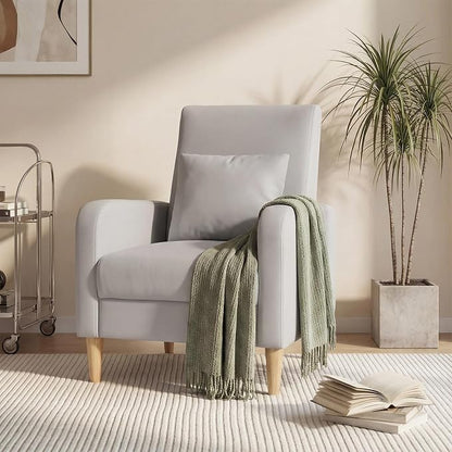 COLAMY Mid-Century Modern Accent Chair, Faux Leather Upholstered Living Room Chair with Back Pillow & Solid Wood Legs, Comfy Armchair for Living Room, Bedroom, Single Sofa, Light Grey