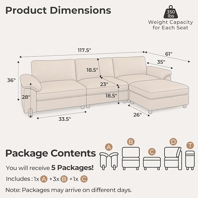 SITJOY Large Cloud Couch, 118" Wide 3 Seater L Shape, Faux Leather in Brown | Pet-Friendly Scratch-Resistant Leather Sectional Sofas for Living Room, Deep Seat Wide Couch with Chaise, Storage Ottoman