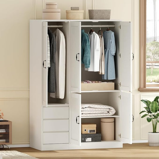 RALGEND Armoire Wardrobe Closet with 3 Drawers, 5 Doors Wardrobe Cabinet for Bedroom, 70.9" Bedroom Armoire with Hanging Rod, Large Capacity Storage Wardrobe Armoire, Clothing Storage Closet, White