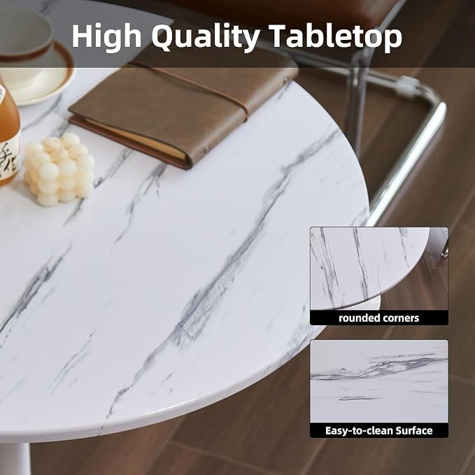 Round Dining Table, 31.5" Circle Tulip Table with Thickened Tabletop & Metal Pedestal, Mid Century Modern Bistro Table for Kitchen, Small Places, Living Room, Cafe (Faux Marble White)