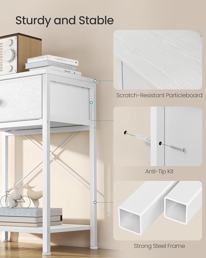 SONGMICS Bedside Table, Side Table with Drawer, Nightstand with Lower Shelf, for Bedroom, Living Room, 11.8 x 15.6 x 23.8 inches, Set of 2, Cloud White, BELLAH Collection ULGS111W101S