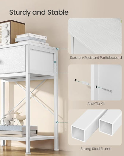 SONGMICS Bedside Table, Side Table with Drawer, Nightstand with Lower Shelf, for Bedroom, Living Room, 11.8 x 15.6 x 23.8 inches, Set of 2, Cloud White, BELLAH Collection ULGS111W101S