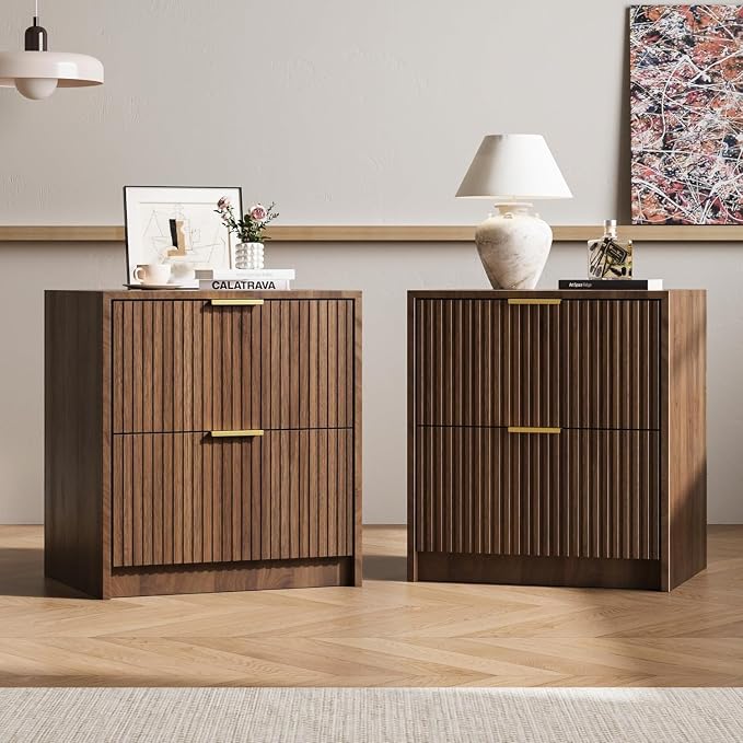 MAISONARIA 3-Piece Dresser Bedroom Set, 8 Drawer Dresser & 2 Drawer Nightstands with Gold Handles, Fluted Wood Chest of Drawers for Bedroom, Living Room, Entryway, Walnut