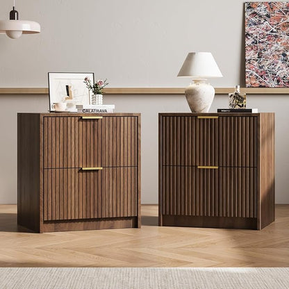 MAISONARIA 3-Piece Dresser Bedroom Set, 8 Drawer Dresser & 2 Drawer Nightstands with Gold Handles, Fluted Wood Chest of Drawers for Bedroom, Living Room, Entryway, Walnut