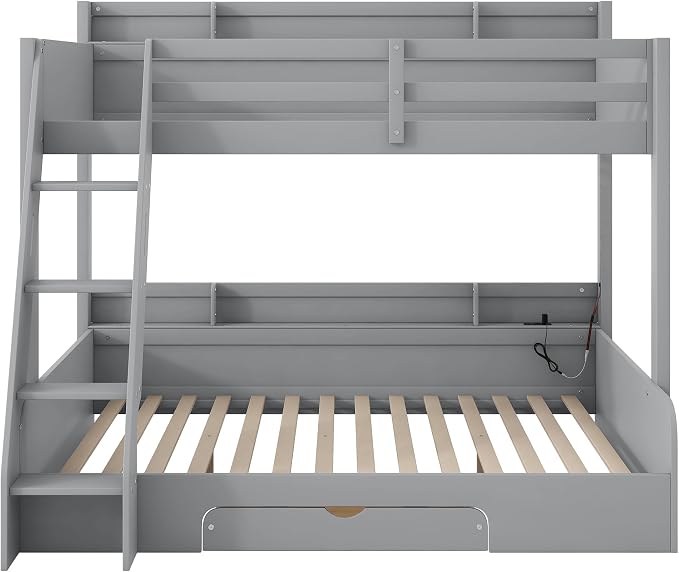 Wood Bunk Bed Twin Over Full Size with Built-in Storage Shelves and Charging Station, Versatile Bunk Bed Frame with Ladder and Guardrail for Kids Teens Adult, Maximize Space (Grey-5.6)