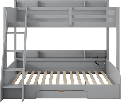 Wood Bunk Bed Twin Over Full Size with Built-in Storage Shelves and Charging Station, Versatile Bunk Bed Frame with Ladder and Guardrail for Kids Teens Adult, Maximize Space (Grey-5.6)
