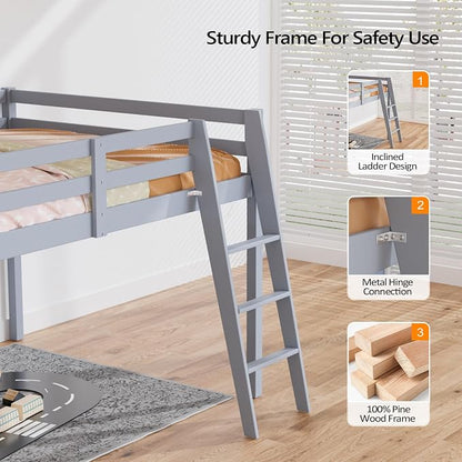 VINGLI Junior Low Loft Bed with Inclined Stairs,Gray Wood Loft Bed Full Size for Adults, Kids and Young Teens, No Box Spring Required,Wood Slat Support
