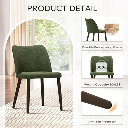 COLAMY Dining Chairs Set of 2, Upholstered Leather Kitchen Chairs with Curved Back, Padded Seat and Solid Wood Legs, Modern Dining Chair for Kitchen Dining Room, Green