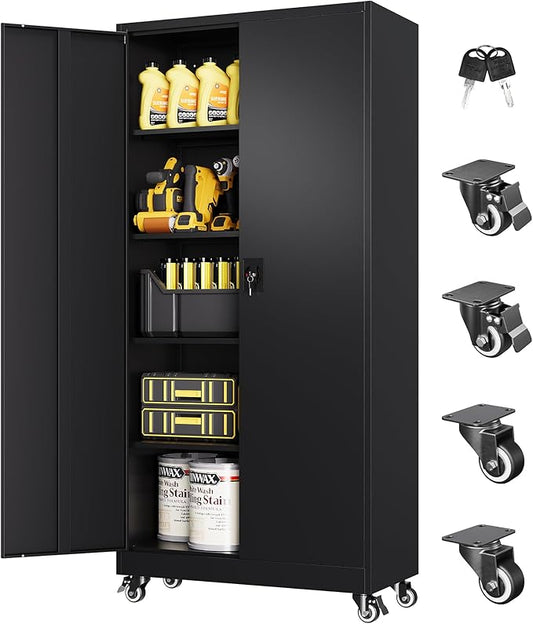 Metal Garage Cabinet with Wheels, 74.5" Tall Lockable Storage Cabinet with 4 Adjustable Shelves and 2 Doors, Tool Cabinet for Garage Home Office,Gym,School(Black)