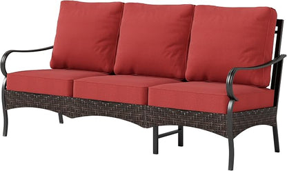 Wicker & Metal Outdoor Patio Couch,3-Seat Patio Sofa with Deep Seating for Front Porch, Deck, Balcony, Backyard, Sunroom,Red