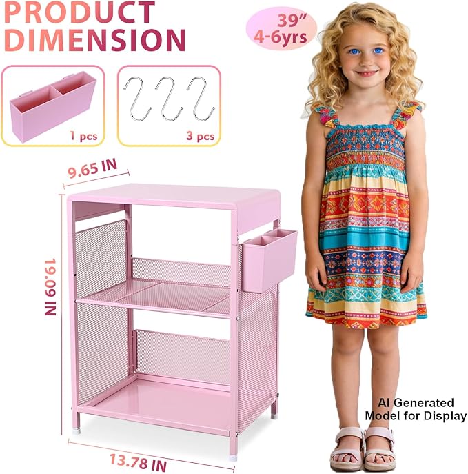 Pink Small Nightstand, Kids Nightstand for Bedroom, End Table with Hooks and Holder, Toddler Bedside Table for Girls, Desk Organizer for Office, Dorm (Pink)