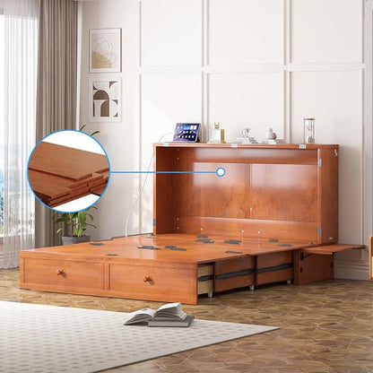 PUREMIND Murphy Bed Queen with Mattress Included, Multi-Functional Hideaway Cabinet Bed with 2 Storage Drawers, USB Charging Ports & Headboard, Space-Saving Chest Wallbed Beds for Guest Room, Cherry