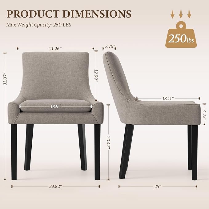 Modern Dining Room Chairs Set of 2 with Mid Back and Wood Legs, Upholstered Kitchen Chairs for Dining Room/Living Room, Camel