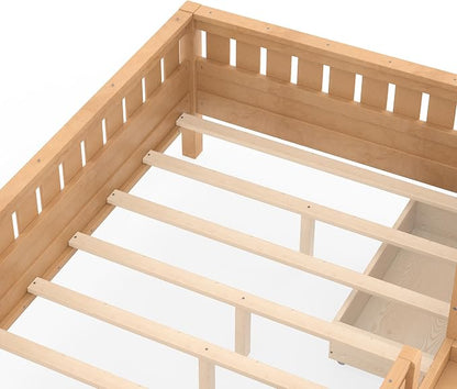 Bellemave Full Floor Bed with Stairs, Rails and Slats, Full Size Montessori Floor Bed with Bookshelf and 2 Storage Drawers, Easy Assemble Montessori Beds Frame for Girls, Boys, Deep Natural