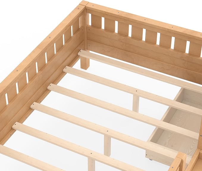 Bellemave Full Size Kids Bed with high Rails and with Built-in Bookshelf and Drawers for Kids, Girls, Boys, Wood Montessori Bed Without Door, Light Natural