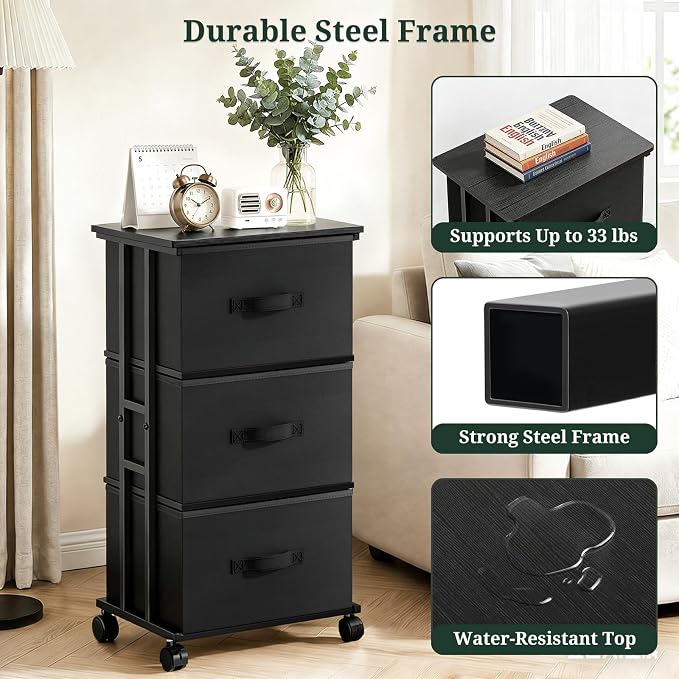 3 Drawers Dresser with Wheels, Storage Organizer with Removable Fabric Bins and Steel Frame, Small Nightstand Dresser for Bedroom Office, Entryway, Ink Black