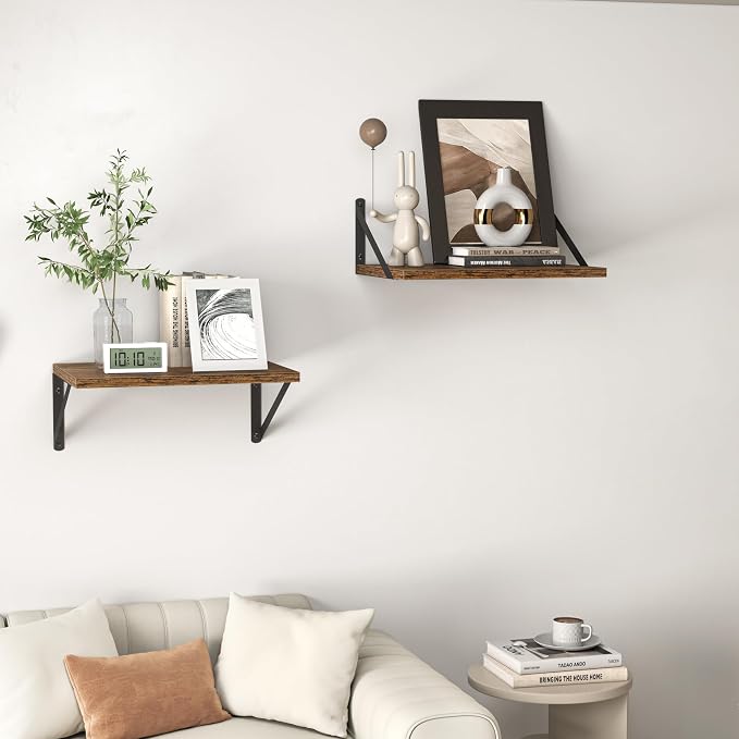 Heimlove Deep Floating Shelves for Wall, 16W x 12D Wood Wall Shelves Set of 2, Wide Floating Bookshelf for Living Room, Kitchen, Office, Bedroom and Decor Storage, with Metal Bracket - Rustic Brown