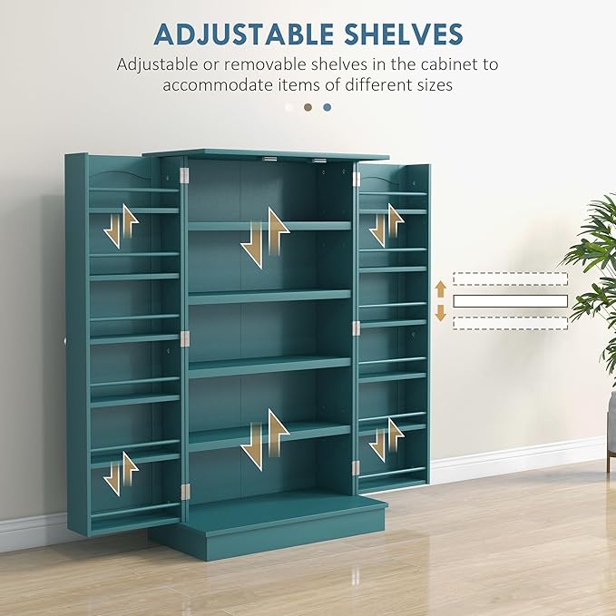HOMCOM 41" Kitchen Pantry Storage Cabinet, Freestanding Kitchen Cabinet with 12 Door Shelves, Double Doors, 5-Tier Shelving and Adjustable Shelves, Blue
