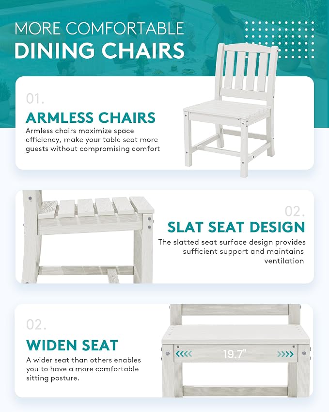 SERWALL Outdoor Patio Dining Set for 6, White | 60" - 83" Expandable Outdoor Dining Table and 6 HDPE Chairs, All Weather Material Outdoor Furniture Set Backyard, Garden