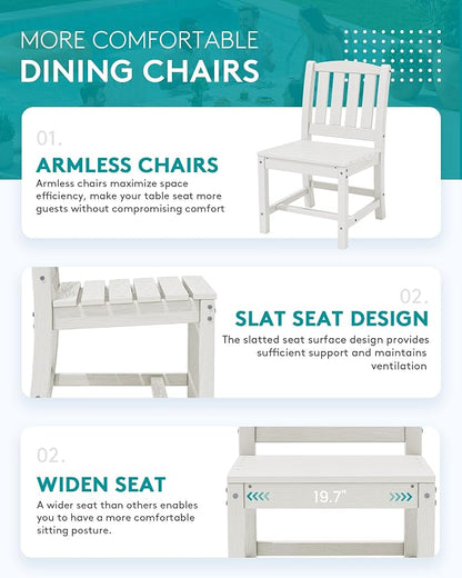 SERWALL Outdoor Patio Dining Set for 6, White | 60" - 83" Expandable Outdoor Dining Table and 6 HDPE Chairs, All Weather Material Outdoor Furniture Set Backyard, Garden