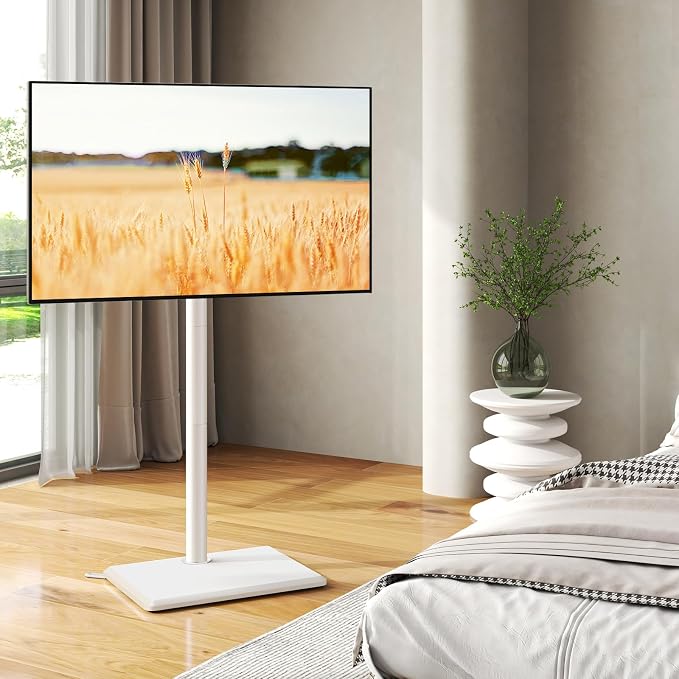 TVON Floor TV Stand with Mount for Most 32-65 Inch TVs up to 88lbs, Height Adjustable TV Floor Stand with Wood Base for Space Saving, Tall Floor TV Stand for Bedroom, Corner & Living Room, White