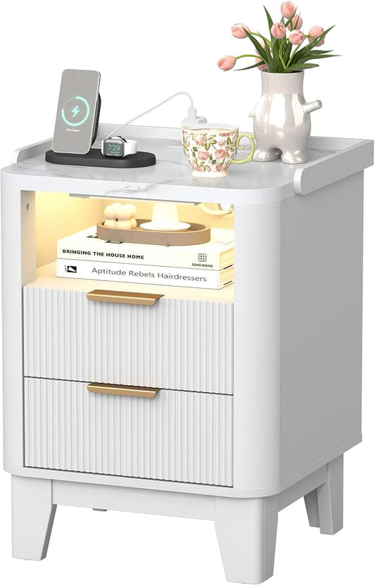 Turosur Night Stand with Charging Station, Fluted Nightstand with 2 Drawers and LED Light, Wood Bedside Table with Open Storage for Bedroom, White
