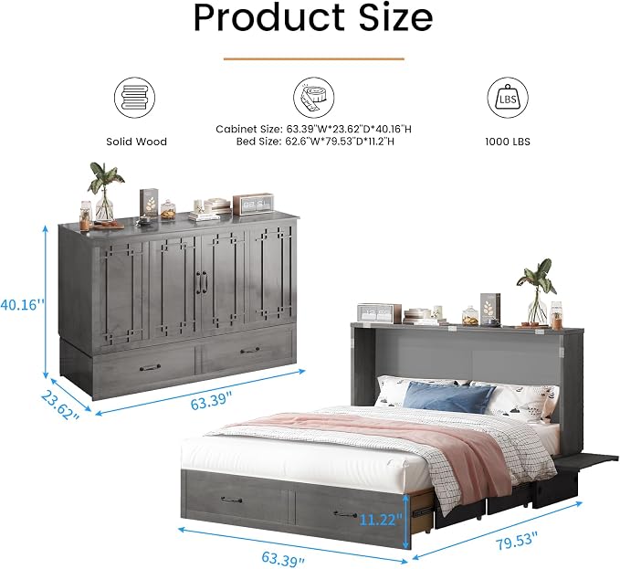 PUREMIND Queen Murphy Bed, Solid Wood Multi-Functional Cabinet Bed with Storage Drawer, USB Charging Ports and Folding Tray, Space Saving Hideaway Murphy Beds Cabinet for Guest Room, No Mattress