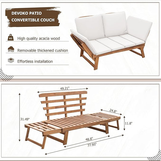 Devoko Outdoor Couch Acacia Wood Patio Couch with Adjustable Armrests, Outdoor Convertible Sofa with Removable Cushions & Pillows for Patio, Porch, Poolside(White)