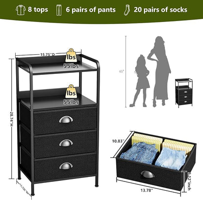 Night Stand Set 2, Nightstand with 3 Fabric Drawers and 2-Tier Shelf, Small Dresser Organizer, Bedside Table with Storage, End Table for Bedroom, Steel Frame, Wood Top, Black