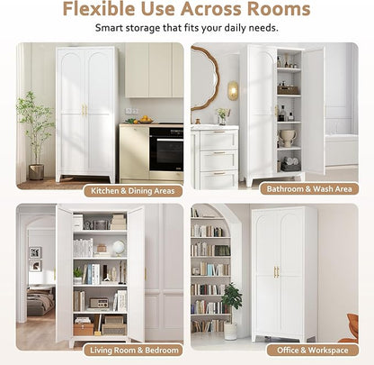 Zevemomo 71'' Tall Metal Pantry Cabinet with 2 Doors, Freestanding Kitchen Storage Cabinet with 4 Adjustable Shelves, Steel Cupboard for Kitchen, Pantry, Dining Room, Living Room, Bathroom, White