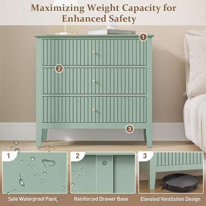 RoyalCraft 32" Large Nightstand, Fluted Painted Bedside Table with 3 Spacious Drawers, Modern Tall End Table for Bedroom, Milky Green